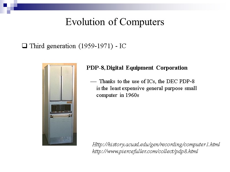 Evolution of Computers  Third generation (1959-1971) - IC  Http://history.acusd.edu/gen/recording/computer1.html http://www.piercefuller.com/collect/pdp8.html PDP-8, Digital